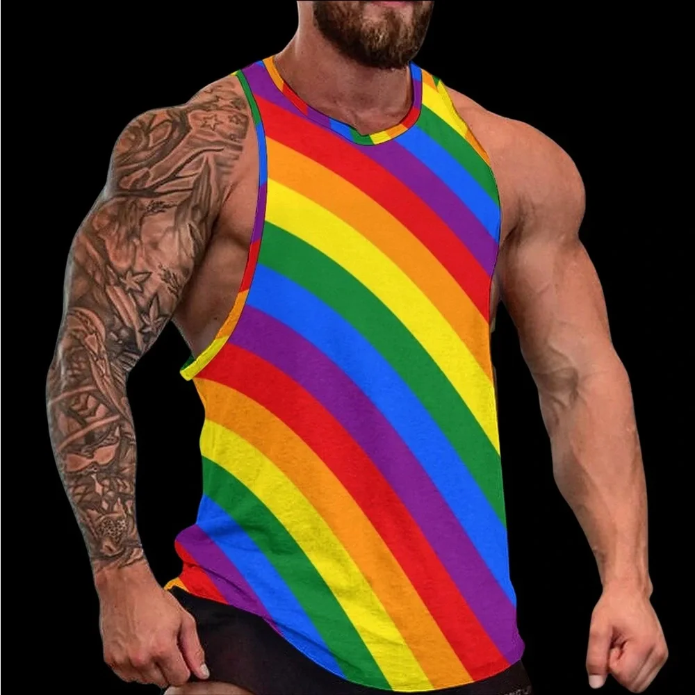 Pride Inspired Rainbow Tank Top Male Pride Flag Cool Top Gym Pattern Sleeveless - Picture 1 of 5